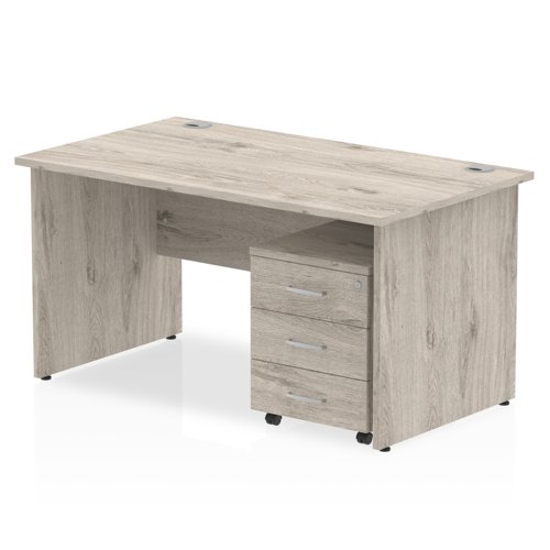 Impulse 1400 x 800mm Straight Office Desk Grey Oak Top Panel End Leg Workstation 3 Drawer Mobile Pedestal