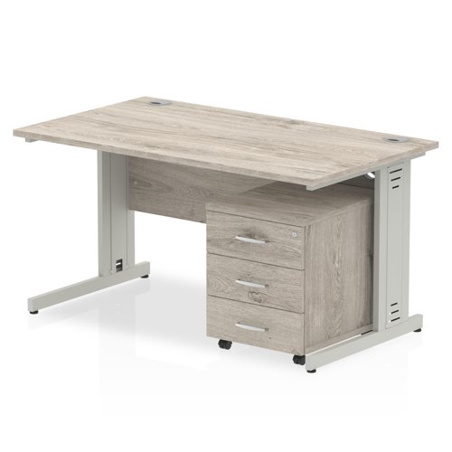 Impulse 1400 x 800mm Straight Office Desk Grey Oak Top Silver Cable Managed Leg Workstation 3 Drawer Mobile Pedestal