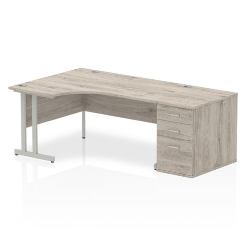 Impulse 1600mm Left Crescent Office Desk Grey Oak Top Silver Cantilever Leg Workstation 800 Deep Desk High Pedestal