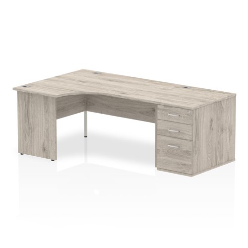 Impulse 1600mm Left Crescent Office Desk Grey Oak Top Panel End Leg Workstation 800 Deep Desk High Pedestal