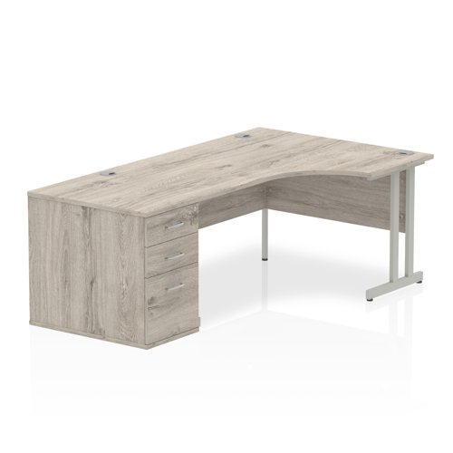 Impulse 1600mm Right Crescent Office Desk Grey Oak Top Silver Cantilever Leg Workstation 800 Deep Desk High Pedestal