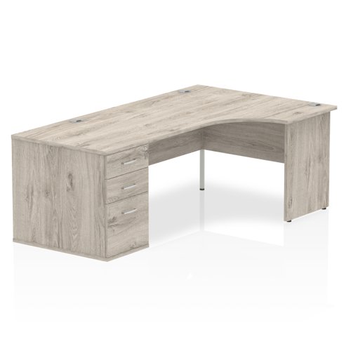 Impulse 1600mm Right Crescent Office Desk Grey Oak Top Panel End Leg Workstation 800 Deep Desk High Pedestal