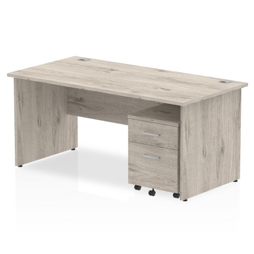 Impulse 1600 x 800mm Straight Office Desk Grey Oak Top Panel End Leg Workstation 2 Drawer Mobile Pedestal