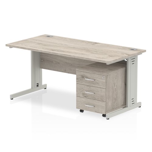 Impulse 1600 x 800mm Straight Office Desk Grey Oak Top Silver Cable Managed Leg Workstation 3 Drawer Mobile Pedestal