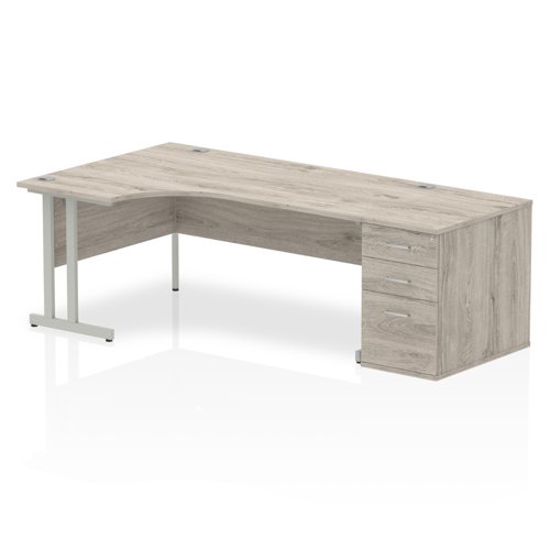 Impulse 1800mm Left Crescent Office Desk Grey Oak Top Silver Cantilever Leg Workstation 800 Deep Desk High Pedestal