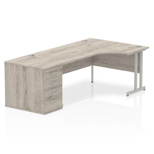 Impulse 1800mm Right Crescent Office Desk Grey Oak Top Silver Cantilever Leg Workstation 800 Deep Desk High Pedestal
