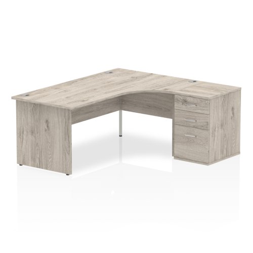Impulse 1800mm Right Crescent Office Desk Grey Oak Top Panel End Leg Workstation 600 Deep Desk High Pedestal