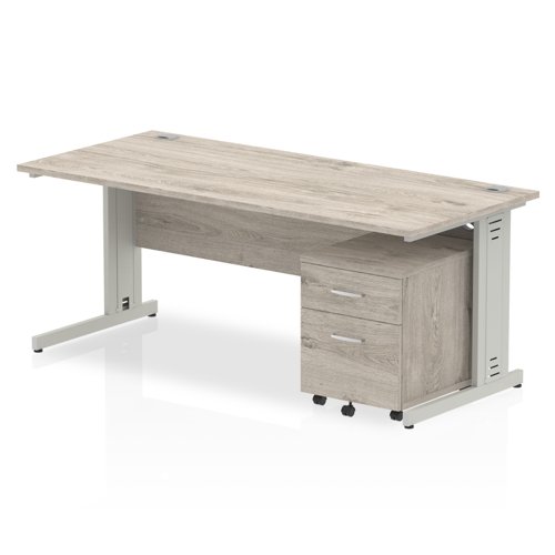 Impulse 1800 x 800mm Straight Office Desk Grey Oak Top Silver Cable Managed Leg Workstation 2 Drawer Mobile Pedestal