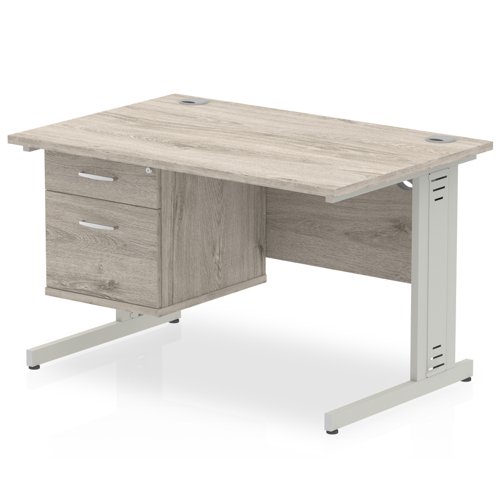 Impulse 1200 x 800mm Straight Office Desk Grey Oak Top Silver Cable Managed Leg Workstation 1 x 2 Drawer Fixed Pedestal