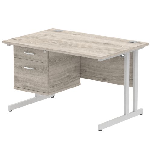 Impulse 1200 x 800mm Straight Office Desk Grey Oak Top Silver Cantilever Leg Workstation 1 x 2 Drawer Fixed Pedestal