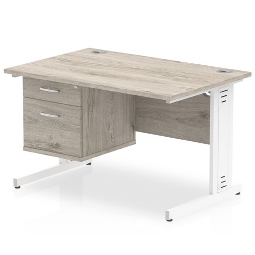 Dynamic Impulse 1200 x 800mm Straight Desk Grey Oak Top White Cable Managed Leg with 1 x 2 Drawer Fixed Pedestal I003441
