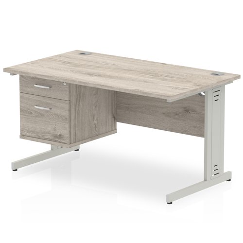 Impulse 1400 Rectangle Silver Cable Managed Leg Desk Grey Oak 1 x 2 Drawer Fixed Ped
