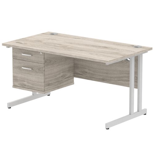 Impulse 1400 x 800mm Straight Office Desk Grey Oak Top Silver Cantilever Leg Workstation 1 x 2 Drawer Fixed Pedestal