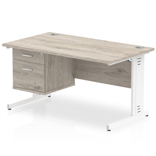 Impulse 1400 x 800mm Straight Office Desk Grey Oak Top White Cable Managed Leg Workstation 1 x 2 Drawer Fixed Pedestal