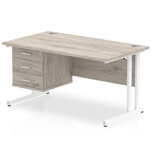 Impulse 1400 x 800mm Straight Office Desk Grey Oak Top White Cantilever Leg Workstation 1 x 3 Drawer Fixed Pedestal