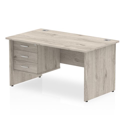 Impulse 1600 Rectangle Panel End Leg Desk Grey Oak 1 x 3 Drawer Fixed Ped