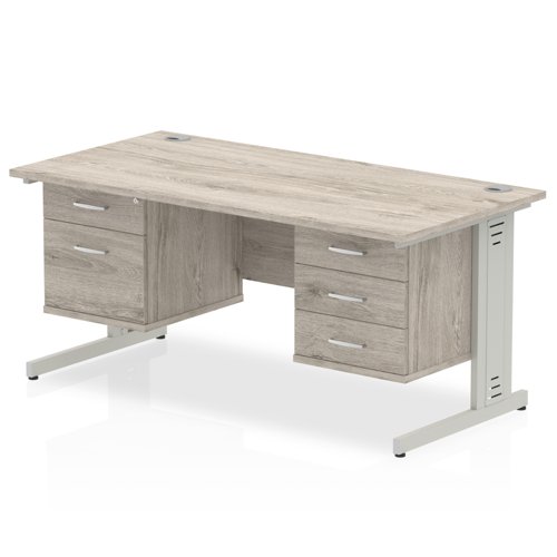 Impulse 1600 x 800mm Straight Office Desk Grey Oak Top Silver Cable Managed Leg Workstation 1 x 2 Drawer 1 x 3 Drawer Fixed Pedestal