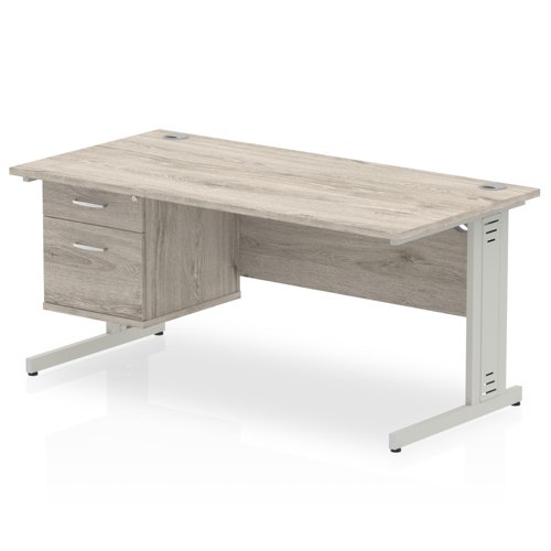 Impulse 1600 x 800mm Straight Office Desk Grey Oak Top Silver Cable Managed Leg Workstation 1 x 2 Drawer Fixed Pedestal