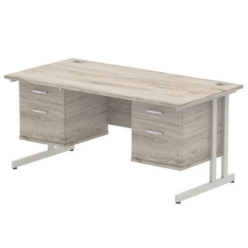 Impulse 1600 x 800mm Straight Office Desk Grey Oak Top Silver Cantilever Leg Workstation 2 x 2 Drawer Fixed Pedestal