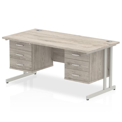 Impulse 1600 x 800mm Straight Office Desk Grey Oak Top Silver Cantilever Leg Workstation 2 x 3 Drawer Fixed Pedestal