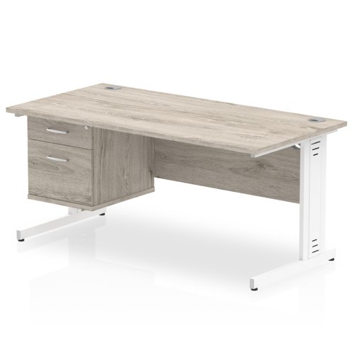 Impulse 1600 x 800mm Straight Office Desk Grey Oak Top White Cable Managed Leg Workstation 1 x 2 Drawer Fixed Pedestal