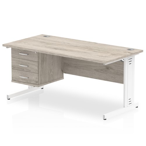 Impulse 1600 x 800mm Straight Office Desk Grey Oak Top White Cable Managed Leg Workstation 1 x 3 Drawer Fixed Pedestal