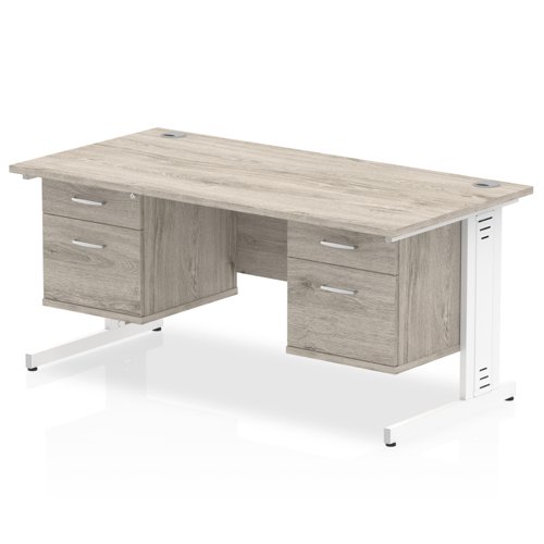 Impulse 1600 x 800mm Straight Office Desk Grey Oak Top White Cable Managed Leg Workstation 2 x 2 Drawer Fixed Pedestal