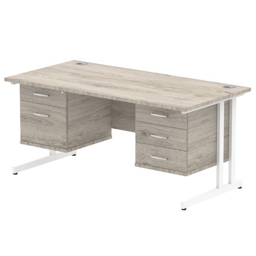 Impulse 1600 x 800mm Straight Office Desk Grey Oak Top White Cantilever Leg Workstation 1 x 2 Drawer 1 x 3 Drawer Fixed Pedestal