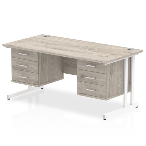 Impulse 1600 x 800mm Straight Office Desk Grey Oak Top White Cantilever Leg Workstation 2 x 3 Drawer Fixed Pedestal