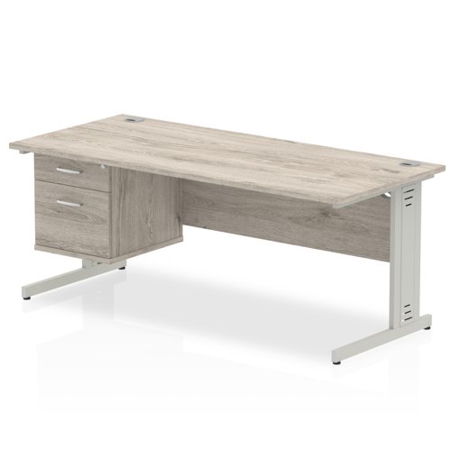Impulse 1800 x 800mm Straight Office Desk Grey Oak Top Silver Cable Managed Leg Workstation 1 x 2 Drawer Fixed Pedestal