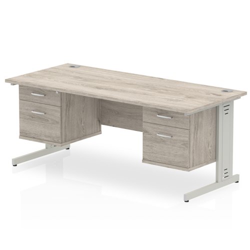 Impulse 1800 x 800mm Straight Office Desk Grey Oak Top Silver Cable Managed Leg Workstation 2 x 2 Drawer Fixed Pedestal