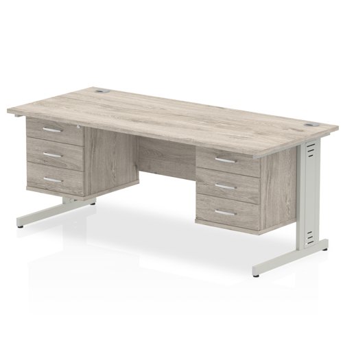Impulse 1800 x 800mm Straight Office Desk Grey Oak Top Silver Cable Managed Leg Workstation 2 x 3 Drawer Fixed Pedestal