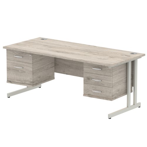 Impulse 1800 x 800mm Straight Office Desk Grey Oak Top Silver Cantilever Leg Workstation 1 x 2 Drawer 1 x 3 Drawer Fixed Pedestal