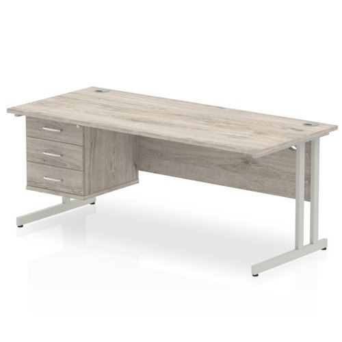 Impulse 1800 x 800mm Straight Office Desk Grey Oak Top Silver Cantilever Leg Workstation 1 x 3 Drawer Fixed Pedestal