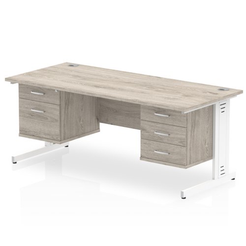 Impulse 1800 x 800mm Straight Office Desk Grey Oak Top White Cable Managed Leg Workstation 1 x 2 Drawer 1 x 3 Drawer Fixed Pedestal