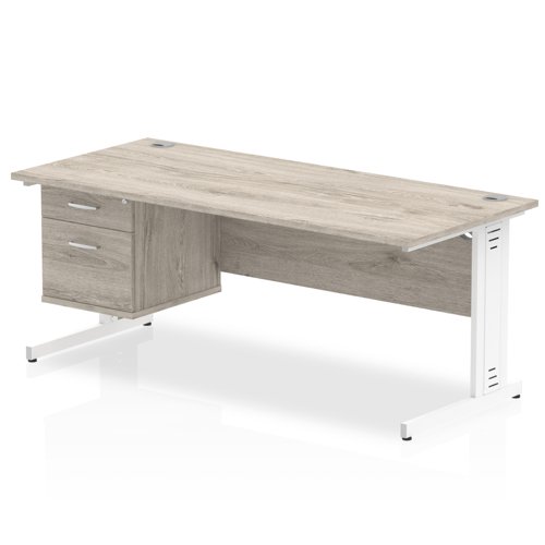 Impulse 1800 x 800mm Straight Office Desk Grey Oak Top White Cable Managed Leg Workstation 1 x 2 Drawer Fixed Pedestal