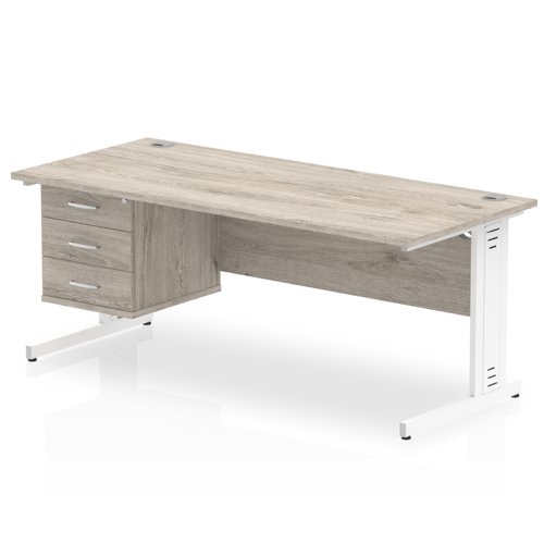 Impulse 1800 x 800mm Straight Office Desk Grey Oak Top White Cable Managed Leg Workstation 1 x 3 Drawer Fixed Pedestal