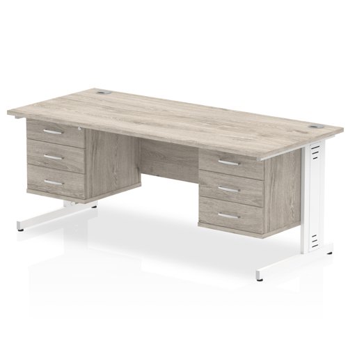 Impulse 1800 x 800mm Straight Office Desk Grey Oak Top White Cable Managed Leg Workstation 2 x 3 Drawer Fixed Pedestal