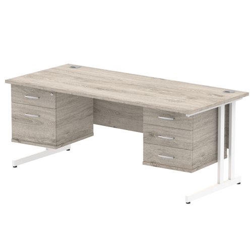 Impulse 1800 x 800mm Straight Office Desk Grey Oak Top White Cantilever Leg Workstation 1 x 2 Drawer 1 x 3 Drawer Fixed Pedestal