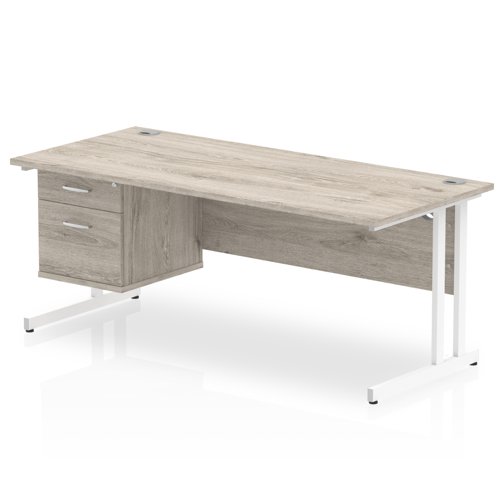 Impulse 1800 x 800mm Straight Office Desk Grey Oak Top White Cantilever Leg Workstation 1 x 2 Drawer Fixed Pedestal