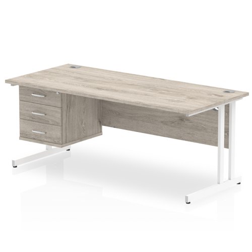 Impulse 1800 x 800mm Straight Office Desk Grey Oak Top White Cantilever Leg Workstation 1 x 3 Drawer Fixed Pedestal