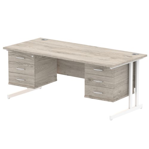 Impulse 1800 x 800mm Straight Office Desk Grey Oak Top White Cantilever Leg Workstation 2 x 3 Drawer Fixed Pedestal