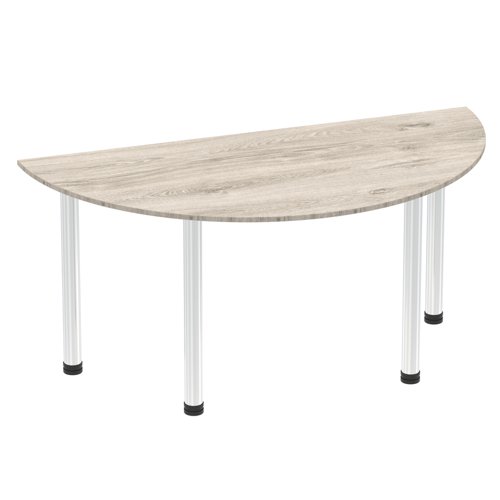 Impulse 1600mm Semi-Circle Table Grey Oak Top Chrome Post Leg