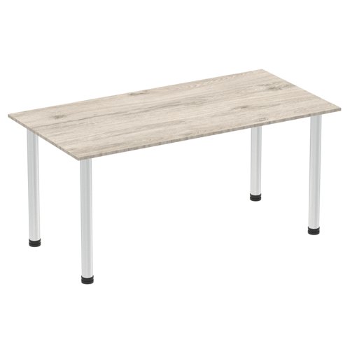 Impulse 1600mm Straight Table Grey Oak Top Brushed Aluminium Post Leg