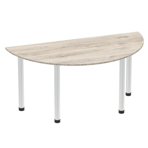 Impulse 1600mm Semi-Circle Table Grey Oak Top Brushed Aluminium Post Leg
