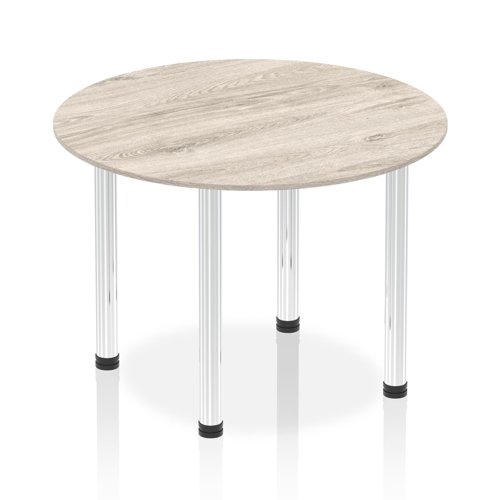 Impulse 1000mm Round Table Grey Oak Top Chrome Post Leg