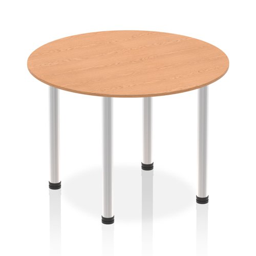 Impulse 1000mm Round Table Oak Top Brushed Aluminium Post Leg