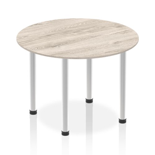 Impulse 1000mm Round Table Grey Oak Top Brushed Aluminium Post Leg