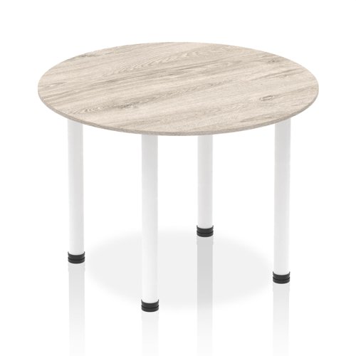 Impulse 1000mm Round Table Grey Oak Top White Post Leg