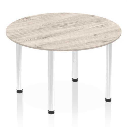 Impulse 1200mm Round Table Grey Oak Top Chrome Post Leg